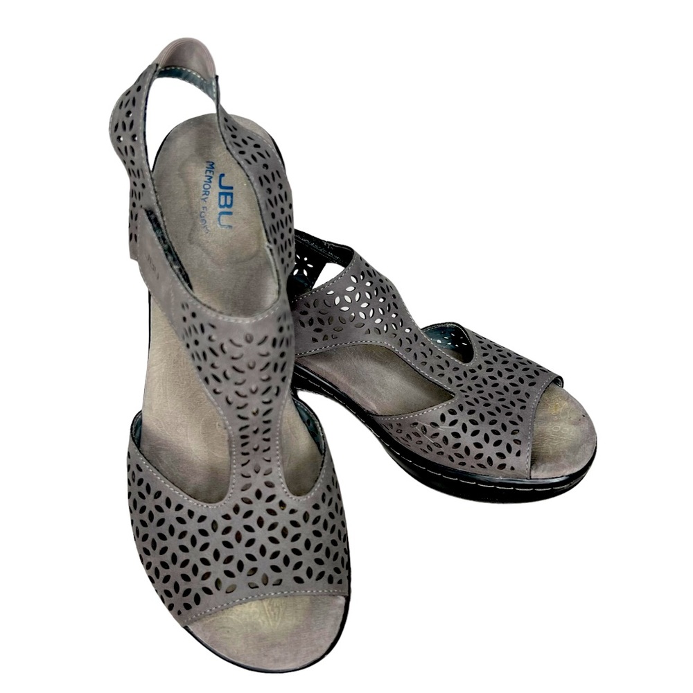 JBU by Jambu Chloe Gray Vegan Leather Laser Cut Wedge Sandals With Memory Foam 9